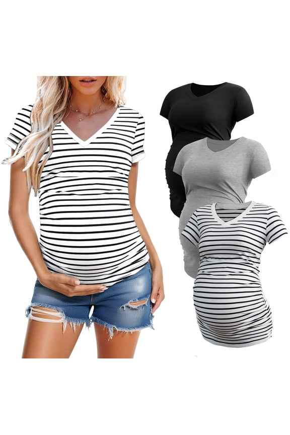 Women's V Neck Maternity Tops Clothes Short Sleeve Pregnancy T Shirts 3-Pack