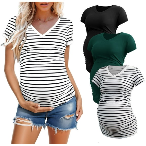 Women's V Neck Maternity Tops Clothes Short Sleeve Pregnancy T Shirts 3-Pack