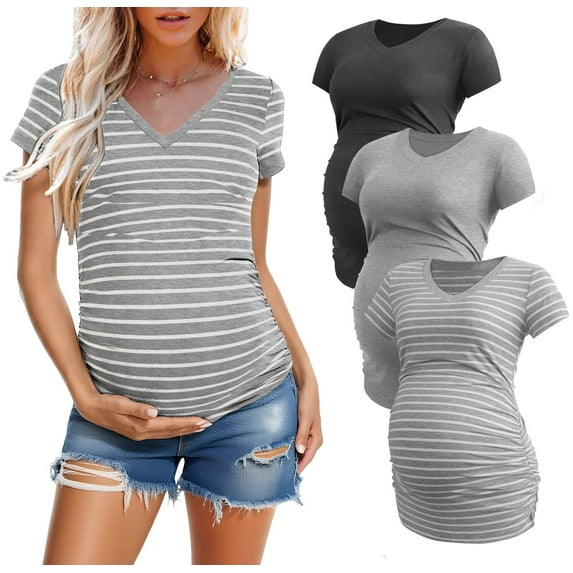 Women's V Neck Maternity Tops Clothes Short Sleeve Pregnancy T Shirts 3-Pack