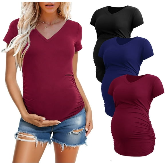 Women's V Neck Maternity Tops Clothes Short Sleeve Pregnancy T Shirts 3-Pack