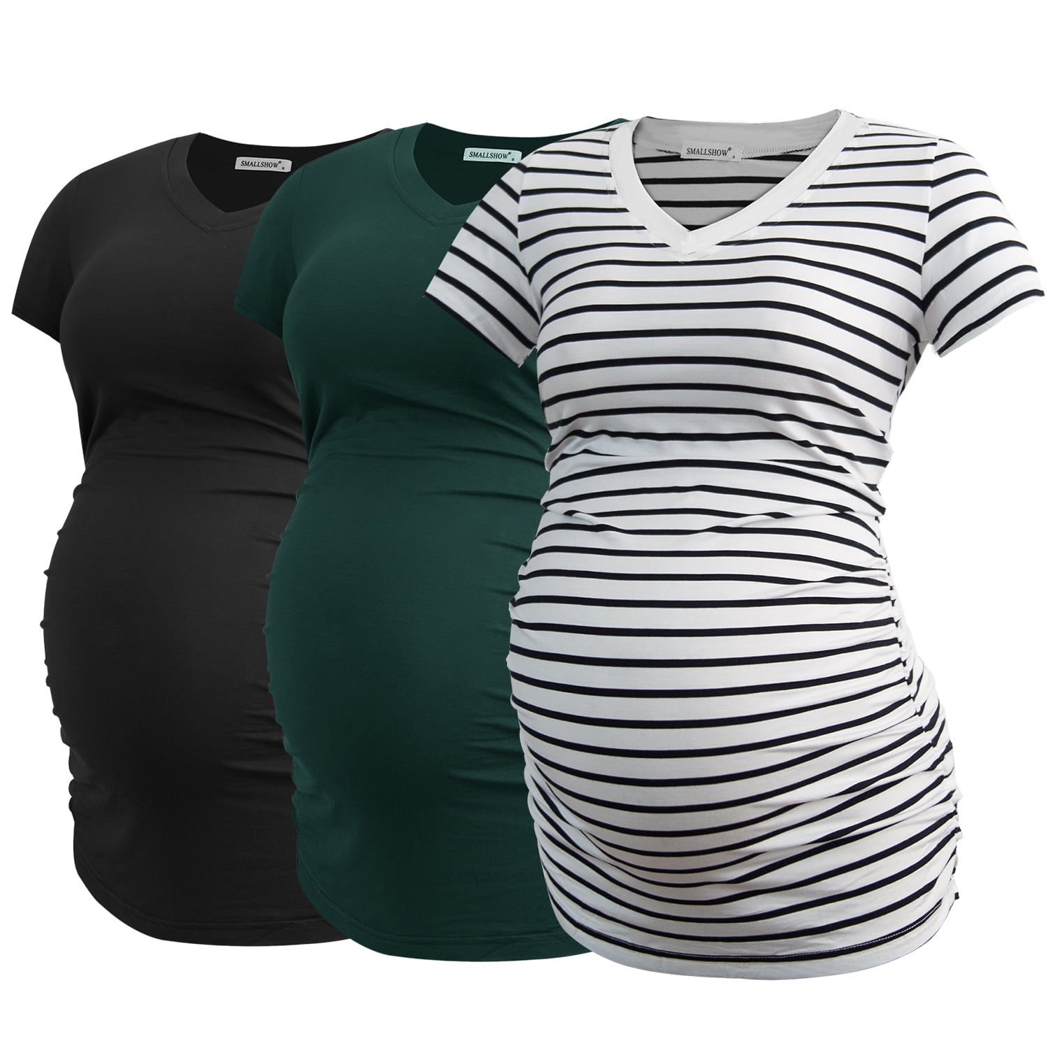 Smallshow Women's V Neck Maternity Tops Clothes Short Sleeve Pregnancy T  Shirts 3-Pack 