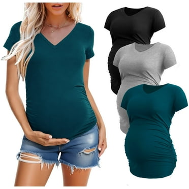 Women's V Neck Maternity Tops Clothes Short Sleeve Pregnancy T Shirts 3-Pack