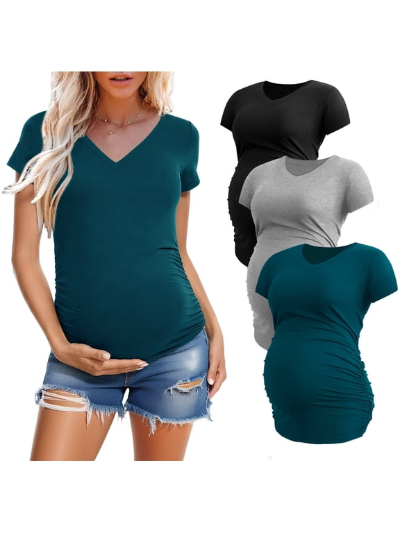 Women's V Neck Maternity Tops Clothes Short Sleeve Pregnancy T Shirts 3-Pack