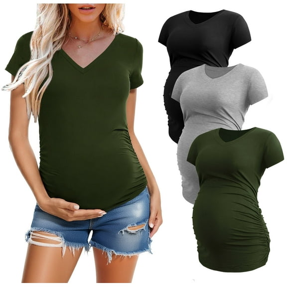 Women's V Neck Maternity Tops Clothes Short Sleeve Pregnancy T Shirts 3-Pack
