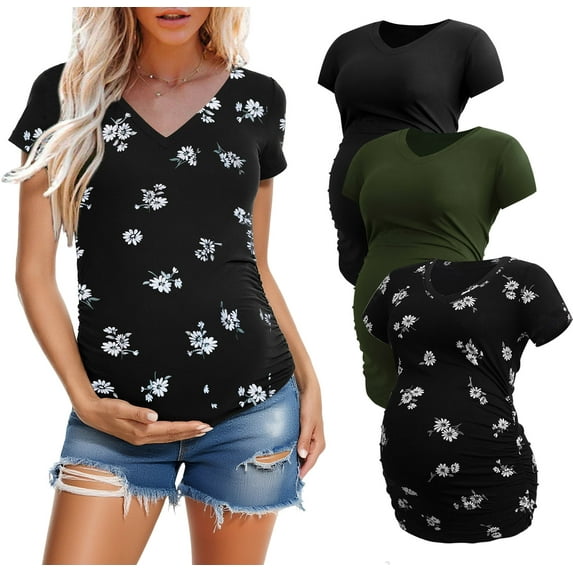 Women's V Neck Maternity Tops Clothes Short Sleeve Pregnancy T Shirts 3-Pack