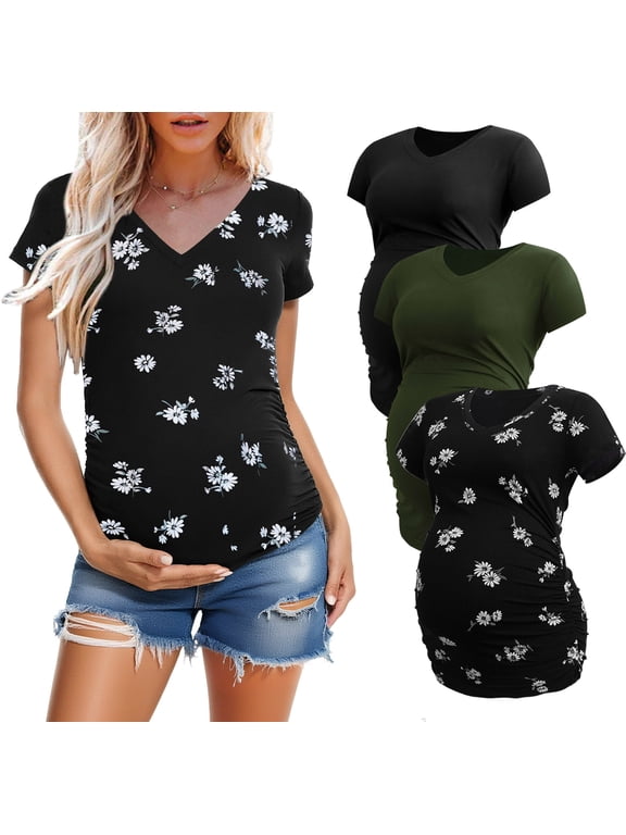 Women's V Neck Maternity Tops Clothes Short Sleeve Pregnancy T Shirts 3-Pack
