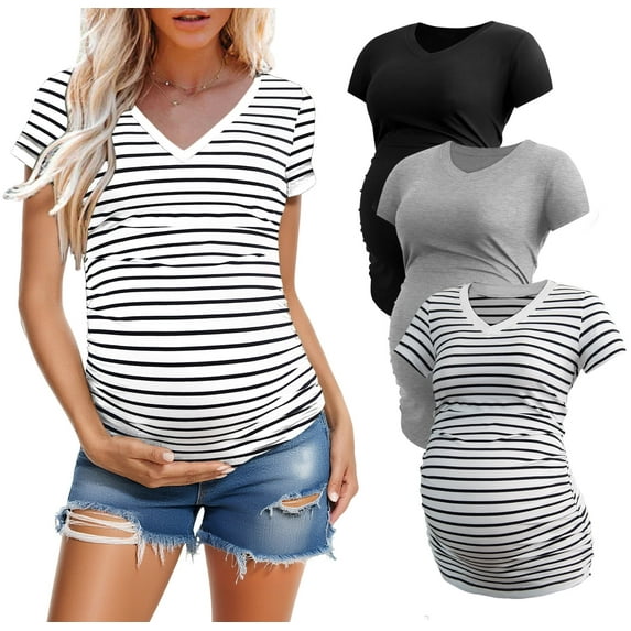 Women's V Neck Maternity Tops Clothes Short Sleeve Pregnancy T Shirts 3-Pack
