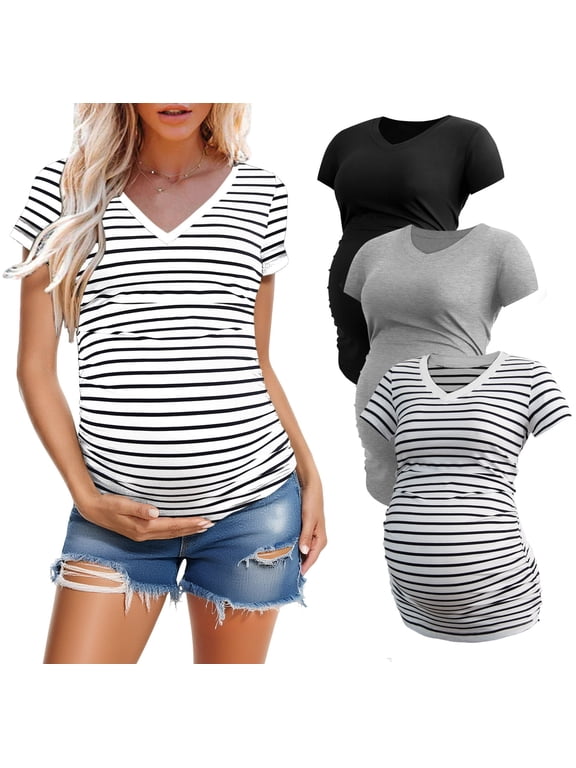 Women's V Neck Maternity Tops Clothes Short Sleeve Pregnancy T Shirts 3-Pack