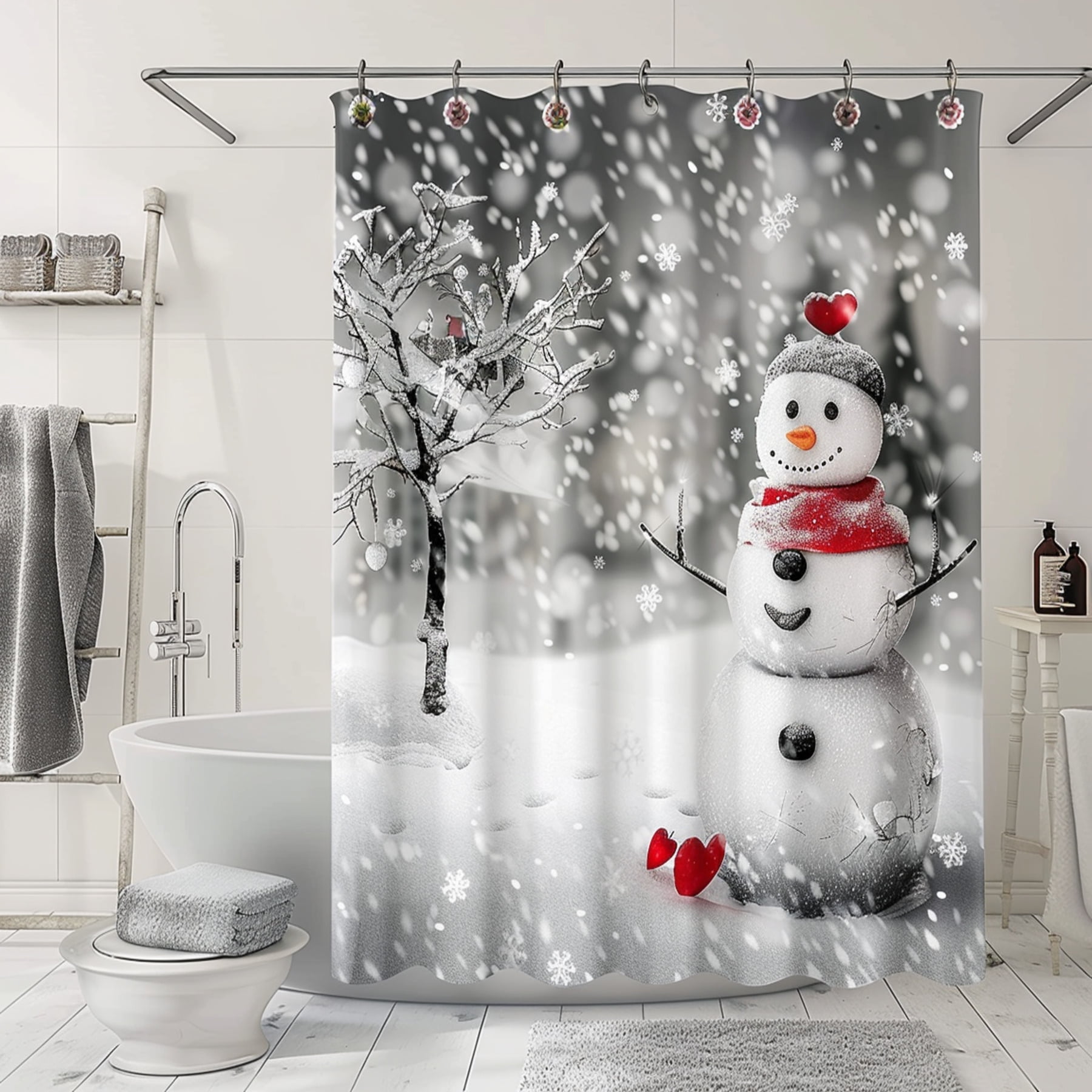 Sman and Tree Winter Shower Curtain Grey Bathroom Decor with Red Hearts