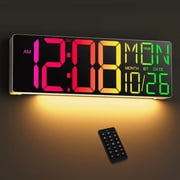 Smart 18 Digital Wall Clock with RGB Color Display & Remote | Auto-Sensor, Dimmable Warm Night Light | Ideal for Modern Living Rooms