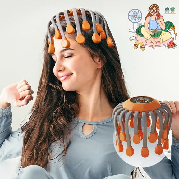 Smart 20-Claw Electric Head Massager Deep Scalp Massage Device with 5 Modes Voice Control TMS Pulse Technology Wireless Stress Relief Sleep Aid for Home and Travel (Orange-Large Motor)