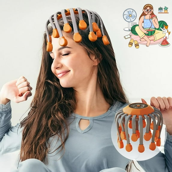 Smart 20-Claw Electric Head Massager Deep Scalp Massage Device with 5 Modes Voice Control TMS Pulse Technology Wireless Stress Relief Sleep Aid for Home and Travel (Orange-Small Motor)