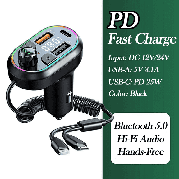 5 in 1 Retractable Car Charger, 25W Fast Car Phone Charger with Retractable Cables and 3 USB Port, Car Charger Adapter Compatible with iPhone 16/15/14/13/12/11,Galaxy,Pixel