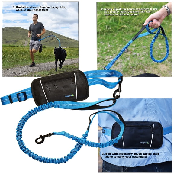 Smart 3-in-1 Design Hands Free Dog Leash with Accessory Pouch - Nylon 4FT Length Double Handles and Bungee for Great Control - Jog/Run Leash for Medium to X Large Dogs - Bright BLUE