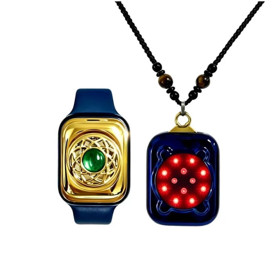 Smart 3-in-1 Red Light Wellness Wearable Set, Portable 650nm Ambient Glow Necklace & Watch Kit with Multi-Zone Contact Applicator, Rechargeable Personal Relaxation System, Gold/Blue