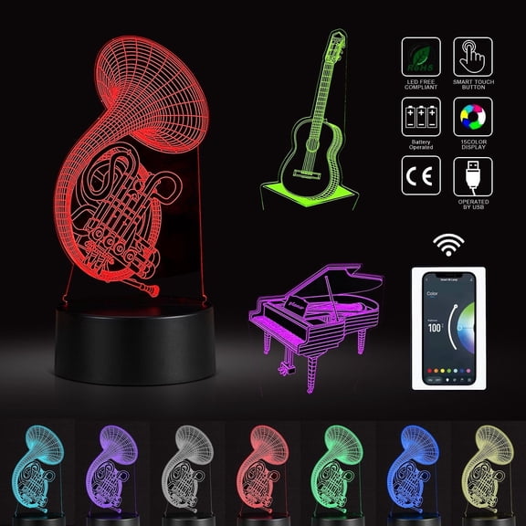 Smart 3D Night Light for Kids Musical instrument (3 Patterns) Piano Guitar Saxophone 16 Colors Multiple Gradient Colors Music Rhythm Smart 3D Lamp Tuya App Remote Control