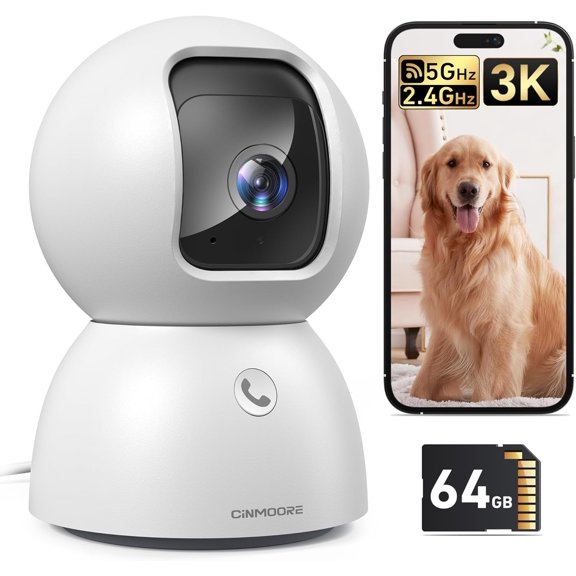Smart 3K Indoor Dome Security Camera with AI Human/Pet/Facial Detection, 360 Pan-Tilt Coverage, 2-Way o, 2.4GHz 5GHz Dual-Band Wi-Fi - Includes 64GB SD Card & No Subscription Needed