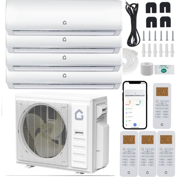 Smart 4 Zone Mini Split AC/Heat Pump System, 35000 BTU Ductless, Wifi App/Alexa Control, 19 SEER2, 208–230v, 9000+12000+12000+12000 BTU, Pre-Charged Outdoor Condenser, Remote Included