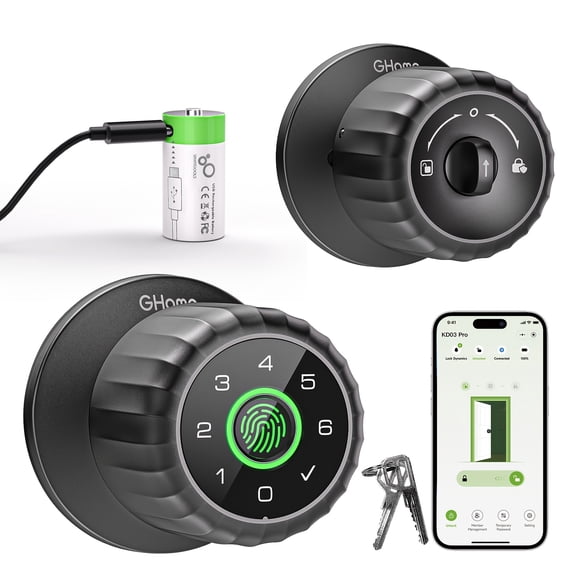 Smart 4-in-1 Fingerprint Door Lock with Biometric Handle, Keypad, App Control & USB-C Rechargeable Battery, Wireless, Anti-Peep, Alarm