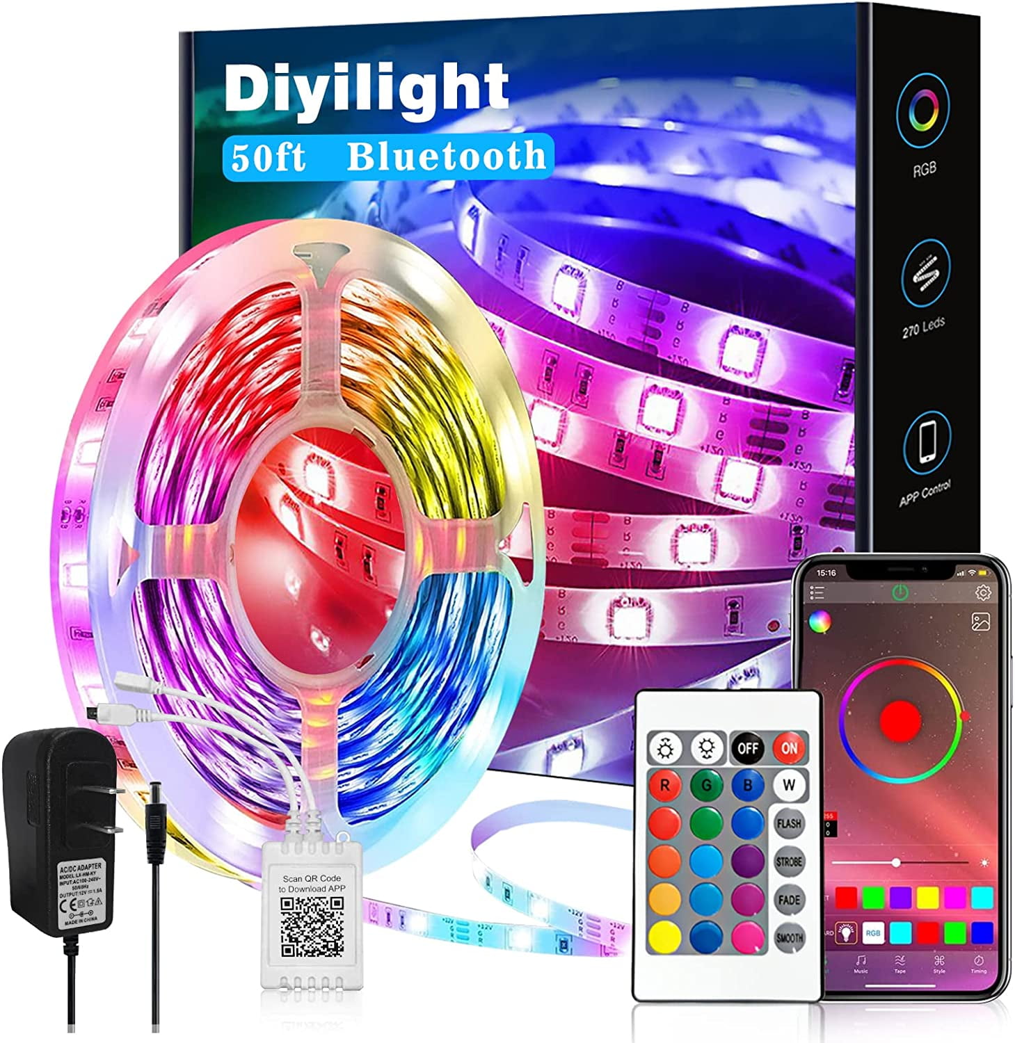Smart 50 ft LED Strip Lights App Control Remote 5050 RGB LED