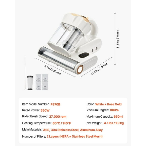 Smart 550W Bed Vacuum Cleaner, 18Kpa Suction, HEPA Filter, Heating & Ultrasound - Handheld for Mattress & Sofa