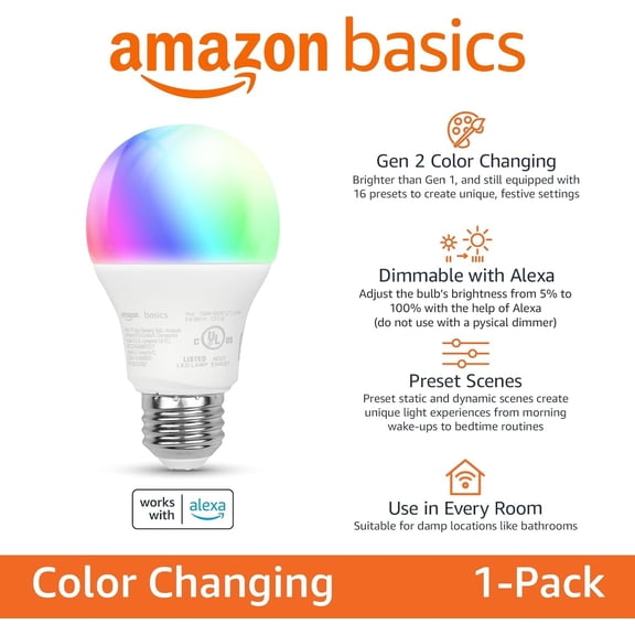 Smart A19 LED Light Bulb, Color Changing, 9W (60W Equivalent), 800LM, Works with Alexa Only, WiFi 2.4 GHz, No Hub Required, Mood Lighting, Energy Efficient, 1-Pack