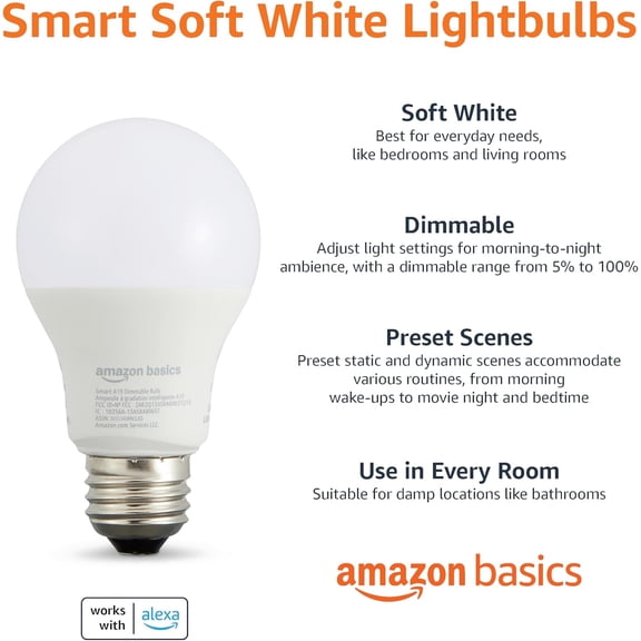 Smart A19 LED Light Bulb, Dimmable Soft White (2700K), 9W (60W Equivalent), 800LM, Energy Efficient, Works with Alexa Only, 2.4 GHz Wi-Fi, No Hub Required, 4-Pack