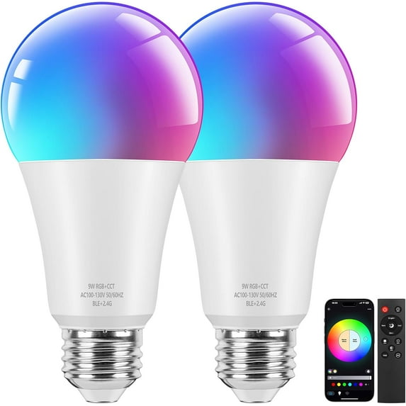 Smart A19 LED Light Bulbs, 60W Equivalent 800LM Color Changing E26 9W Bluetooth Light Bulbs with Remote Control, 16 Million DIY Colors RGBWW, Music Sync, 2-Pack