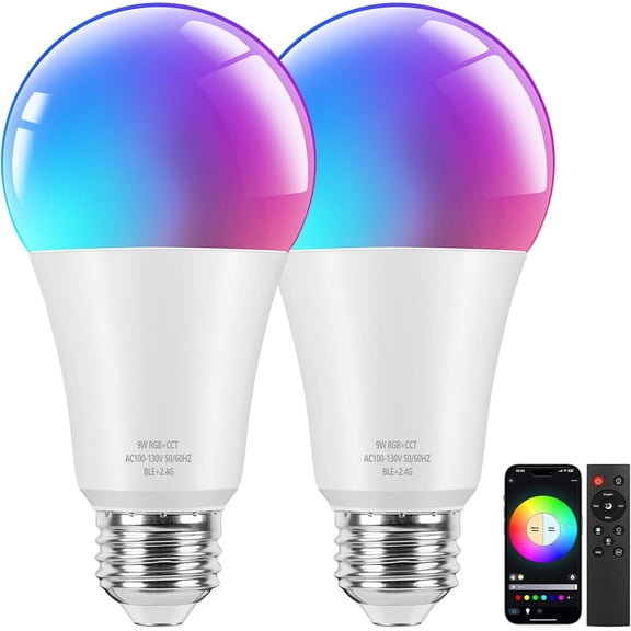 Smart A19 LED Light Bulbs, 60W Equivalent 800LM Color Changing E26 9W Bluetooth Light Bulbs with Remote Control, 16 Million DIY Colors RGBWW, Music Sync, 2-Pack
