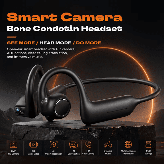 Smart AI Bone Conduction Headset with HD Camera, Open Ear Wireless Headphones with Real-Time Translation, Clear Calling And Hands-Free Music for Sports Travel Daily Use