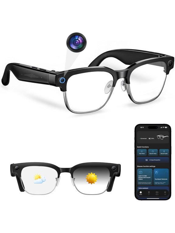 Smart AI Camera Glasses with 8MP Photo & Video Recording, Photochromic Auto-Tint Lenses, Touch Button Control, Hands-Free Calls & Music, 160+ Languages Real-Time Translation, Wearable for Travel Outd