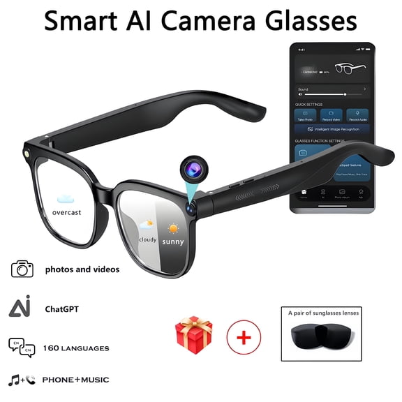 Smart AI Camera Glasses with 8MP Photo & Video Recording, Photochromic Auto-Tint Lenses, Touch Button Control, Hands-Free Calls & Music, 160+ Languages Real-Time Translation, Wearable for Travel Outd