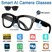 Smart AI Camera Glasses with HD Video Recording, Built-in Speakers, Voice Assistant & Blue Light Protection