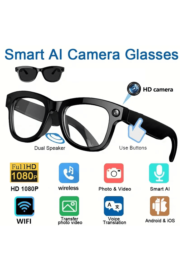 Smart AI Camera Glasses with HD Video Recording, Built-in Speakers, Voice Assistant & Blue Light Protection