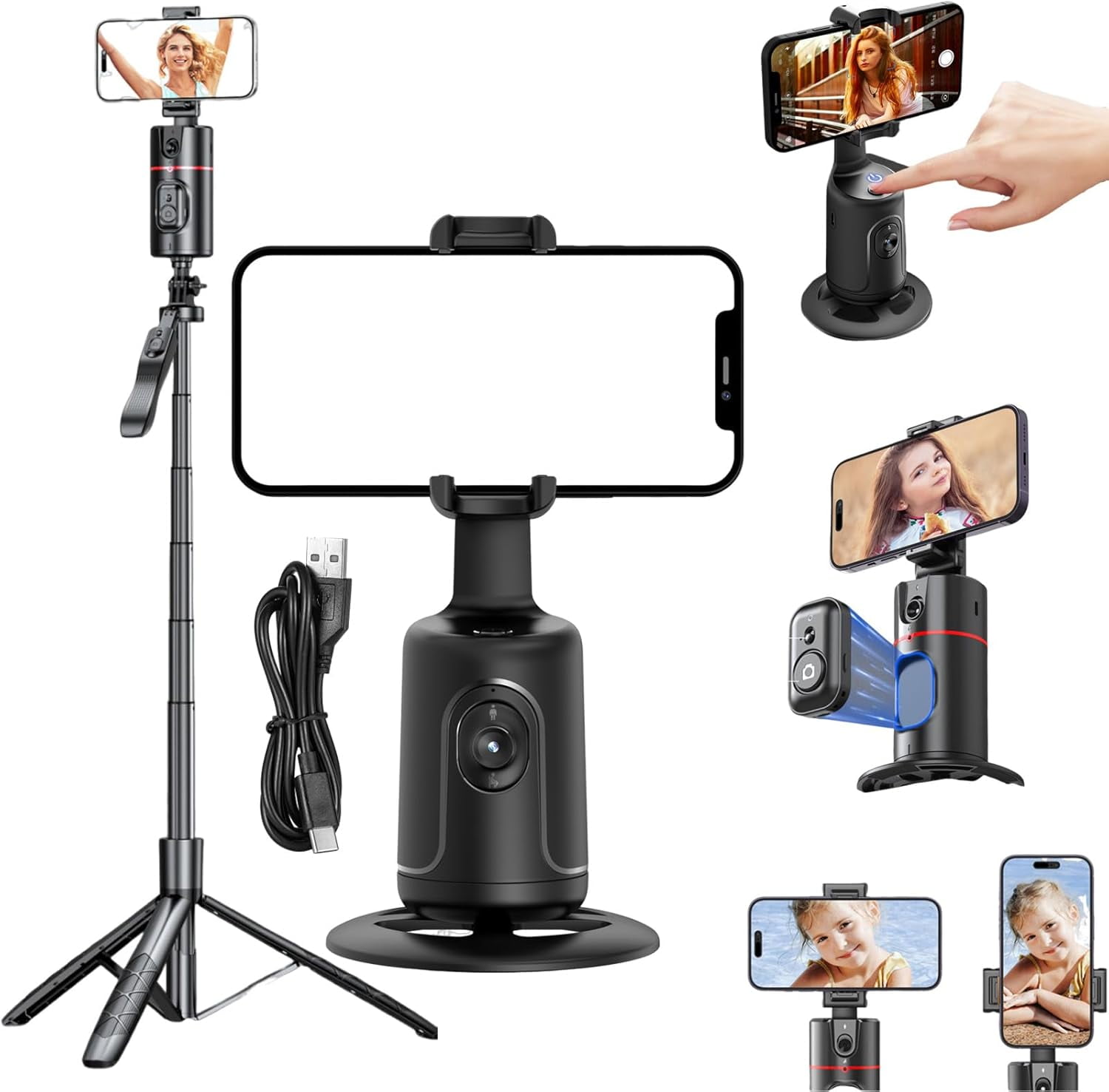 Smart AI Facial Recognition Phone Tripod, Smart Ai Facial 360 Face Tracking Tripod, 360° Pan & Tilt, Panoramic Tracking & Stabilization for Home & Outdoor Use (Black, with Tripod)
