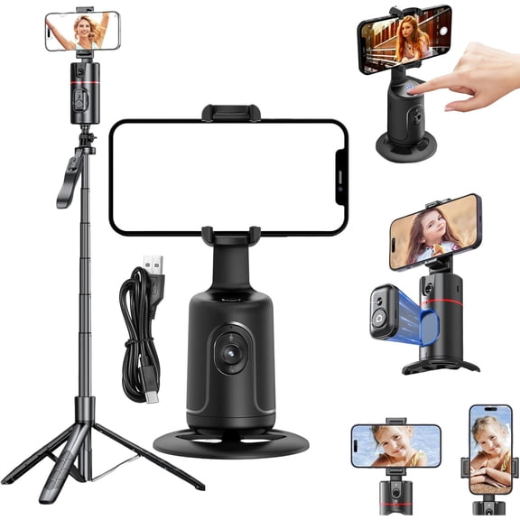 Smart AI Facial Recognition Phone Tripod, Smart Ai Facial 360 Face Tracking Tripod, 360° Pan & Tilt, Panoramic Tracking & Stabilization for Home & Outdoor Use (Black, with Tripod)