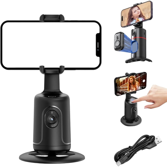 Smart AI Facial Recognition Phone Tripod, Smart Ai Facial 360 Face Tracking Tripod, 360° Pan & Tilt, Panoramic Tracking & Stabilization for Home & Outdoor Use (Black, Without Tripod)