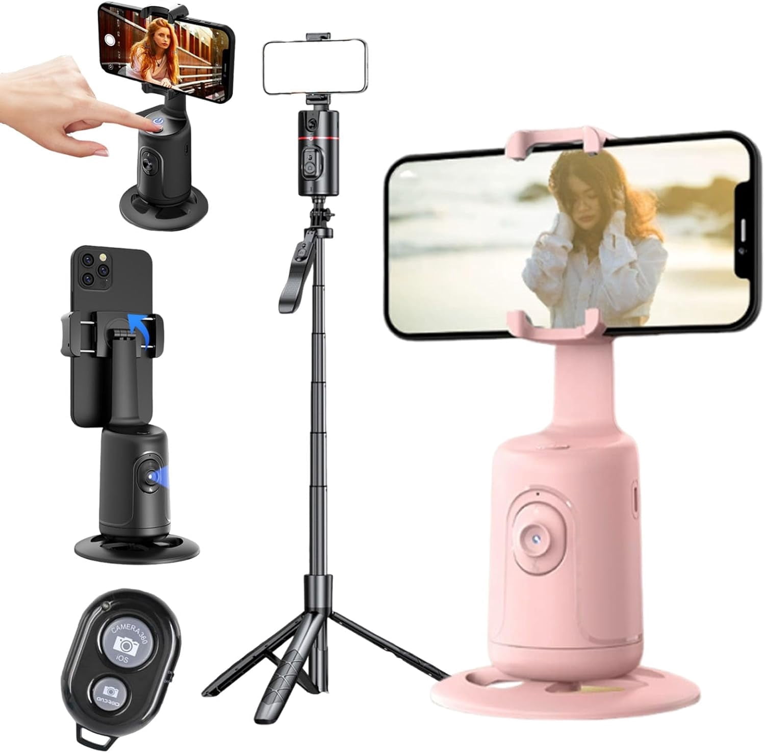 Smart AI Facial Recognition Phone Tripod, Smart Ai Facial 360 Face Tracking Tripod, 360° Pan & Tilt, Panoramic Tracking & Stabilization for Home & Outdoor Use (Pink, with Tripod)