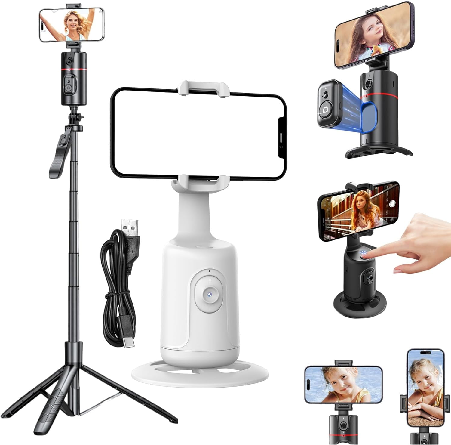 Smart AI Facial Recognition Phone Tripod, Smart Ai Facial 360 Face Tracking Tripod, 360° Pan & Tilt, Panoramic Tracking & Stabilization for Home & Outdoor Use (White, with Tripod)