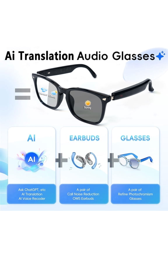 Smart AI Glasses  AI Interpretation Smart Glasses with Real-Time 160-Language Translation, Photochromic Lenses, Touch Controls, for Travel, Driving, Cycling