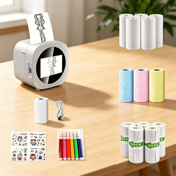 Smart AI Voice Sticker Printer Box, Compact AI Sticker Box with Preview Screen, Portable Inkless Thermal Printer for Home, Office, Study, DIY, 8 Rolls