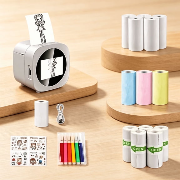 Smart AI Voice Sticker Printer Box, Mini Thermal Label Printer with Voice Recognition, Wireless Inkless Sticker Maker for Scrapbooking & Journaling, 8 Rolls