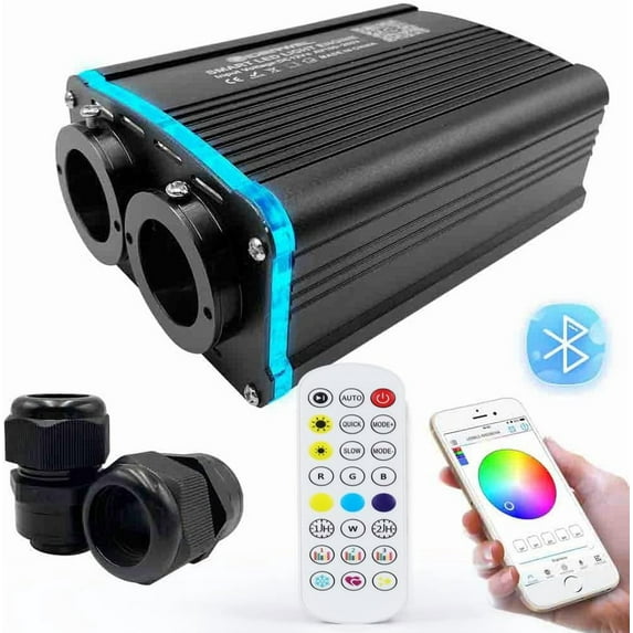 Smart APP LED fiber optic light engine driver dual-port RGBW, Bluetooth color-changing fiber optic star ceiling light, with RF remote control, compatible with all fiber optic cables