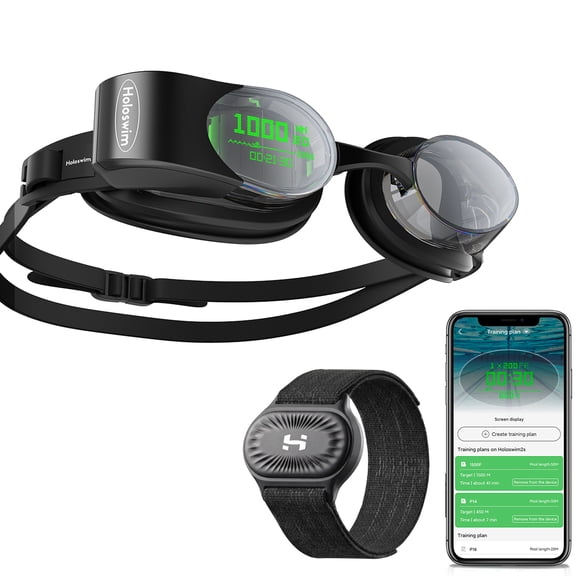 Smart AR Swim Goggles with Included Heart Rate Monitor, Real-Time Display, AI Stroke Tracking, Training Plans, Anti-Fog, IP68 Waterproof