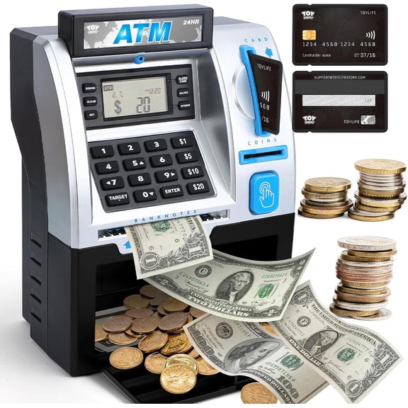 Smart ATM Piggy Bank with Digital Display, Coin & Bill Slots, Electronic Password Lock | Fun Financial Learning Tool for Kids & Adults, Electronic Money Bank, Mini ATM Machine