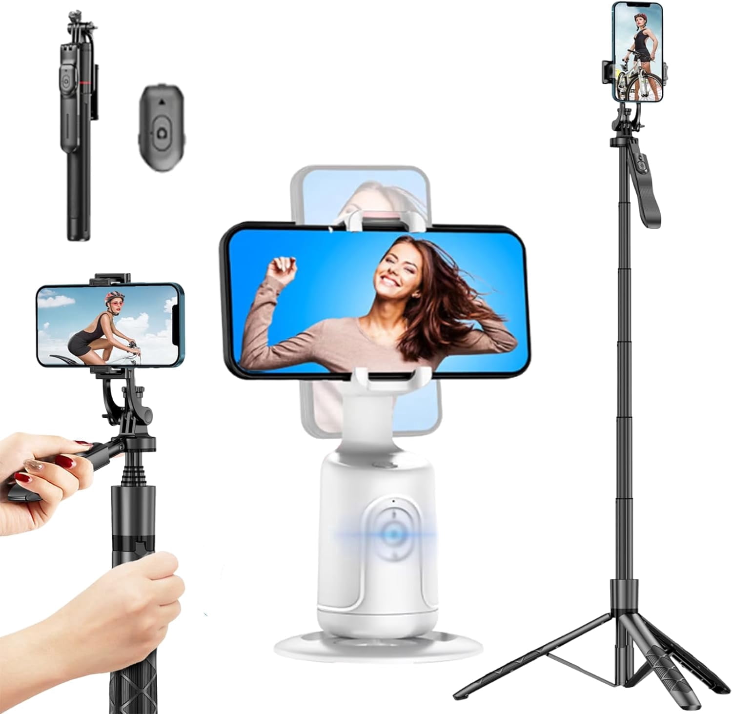 Smart Ai Facial Recognition Phone Tripod, 360° Pan & Tilt, Panoramic Tracking & Stabilization for Ho, Adjustable Height 2-in-1 Tripod Selfie Stick for Live Streaming & Selfies (White, with Tripod)