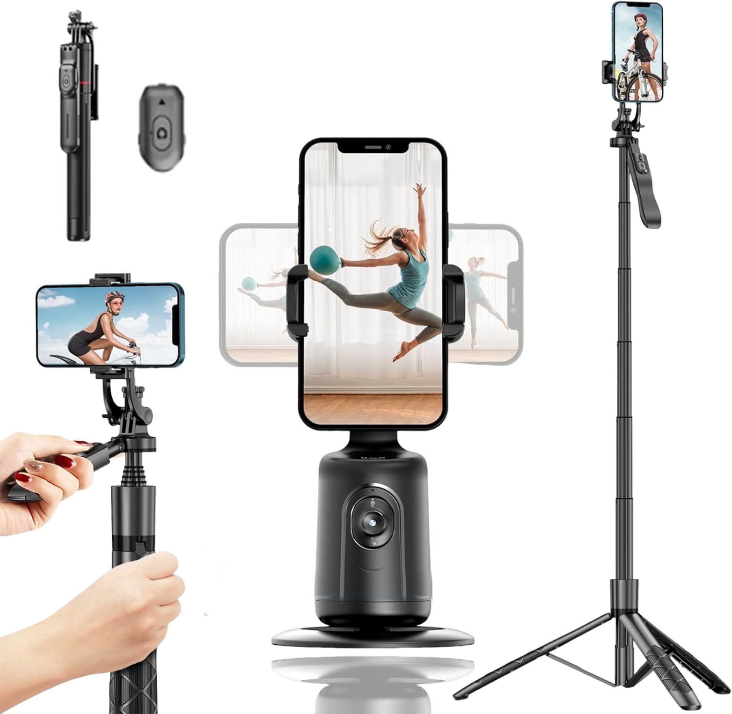 Smart Ai Facial Recognition Phone Tripod, 360° Pan & Tilt, Panoramic Tracking & Stabilization for Ho, Adjustable Height 2-in-1 Tripod Selfie Stick for Live Streaming & Selfies (Black, with Tripod)