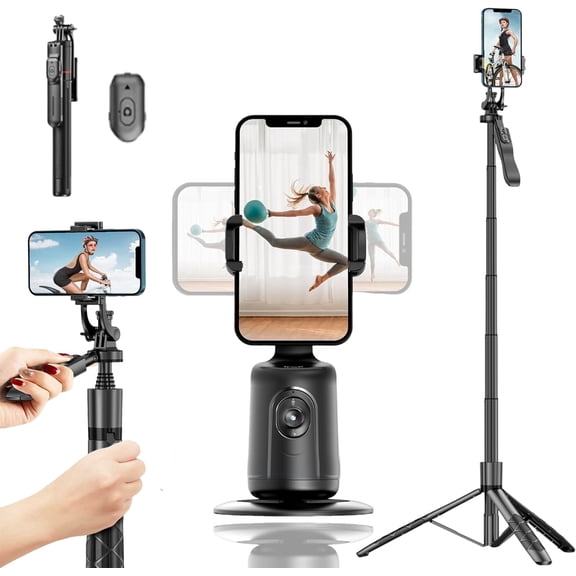 Smart Ai Facial Recognition Phone Tripod, 360° Pan & Tilt, Panoramic Tracking & Stabilization for Ho, Adjustable Height 2-in-1 Tripod Selfie Stick for Live Streaming & Selfies (Black, with Tripod)