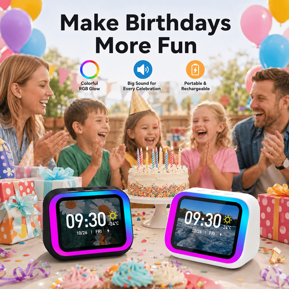 Smart Alarm Clock Speaker with RGB Lights, Hifi Stereo Sound, HD Display, Voice Assistant, Hands-Free Calling, Portable Rechargeable Bedside Digital Clock