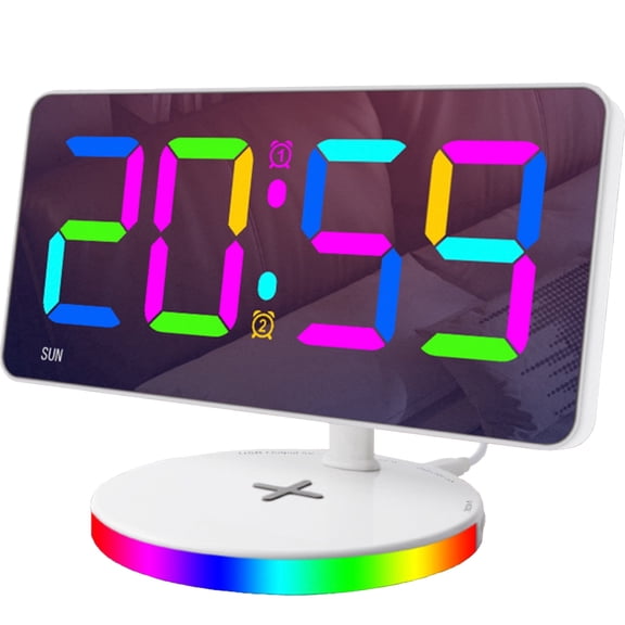 Digital Alarm Clock with Wireless Charging, Bedside Mirrored LED Desk Clock, RGB Night Light, Adjustable Brightness, Dual Alarm, Digital Alarm Clock for Bedroom Living Room Home Office School, White